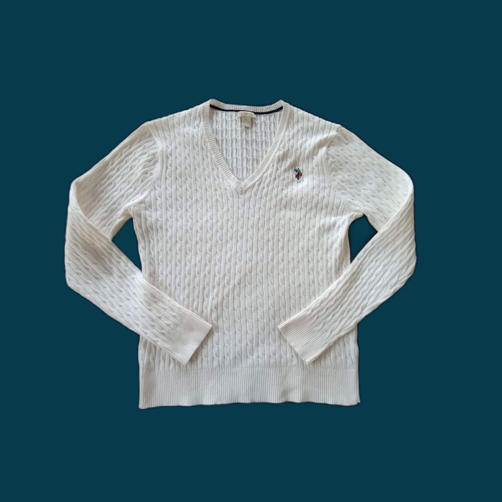US POLO ASSN Womens Ivory Cable Knit V-Neck Sweater Size Large Preppy Old Money